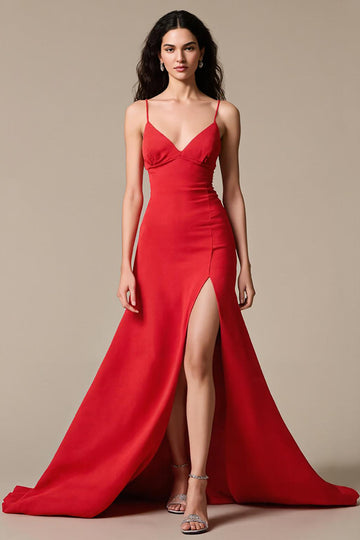 Red Satin A Line Spaghetti Straps Long Formal Dress with Slit